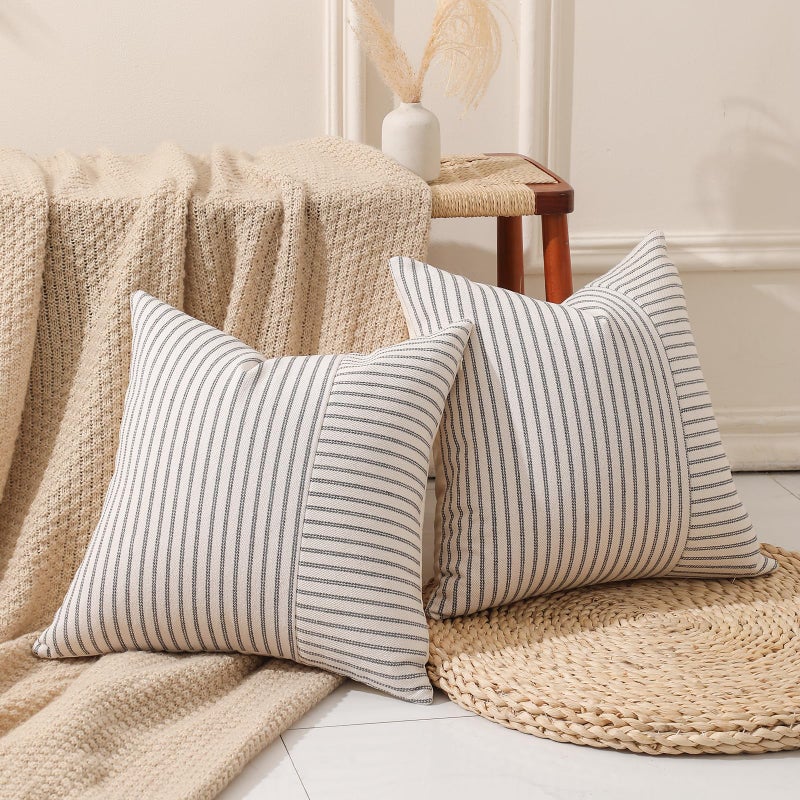 Hckot Set of 2 Farmhouse Throw Pillow Covers 18 x 18 Striped Linen Decorative Pillows Case for Sofa Couch Chair Bedroom Modern Decor(Grey) - Image 2